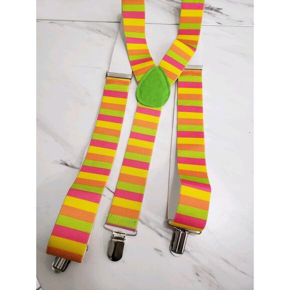 Neon Striped Suspenders Halloween Festival Rave‎ Womens Art Teacher Rainbow - Picture 4 of 4